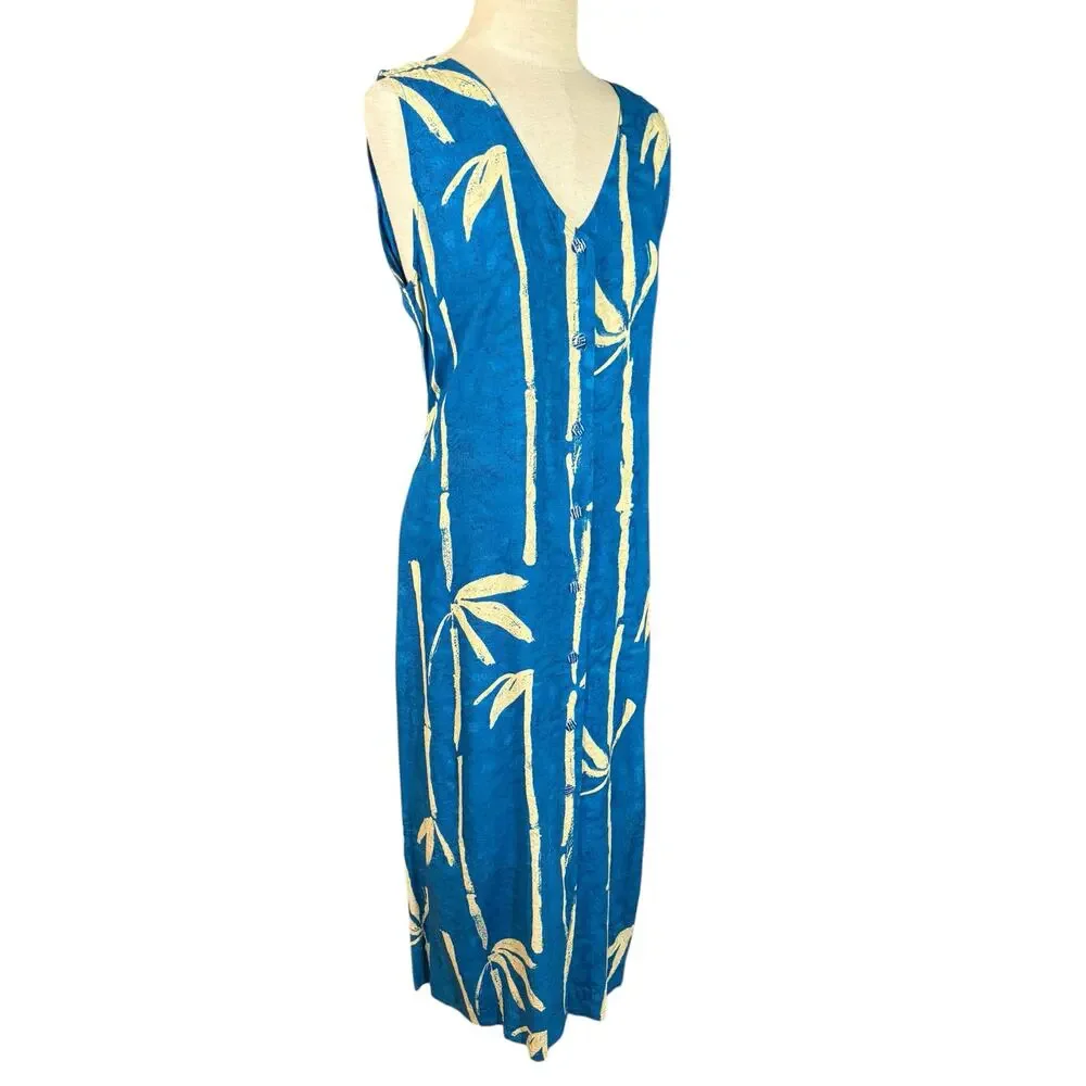 Vintage 80's Jams World Tropical Bamboo Print Maxi Dress M Resort Beach Hawaiian - Picture 3 of 13